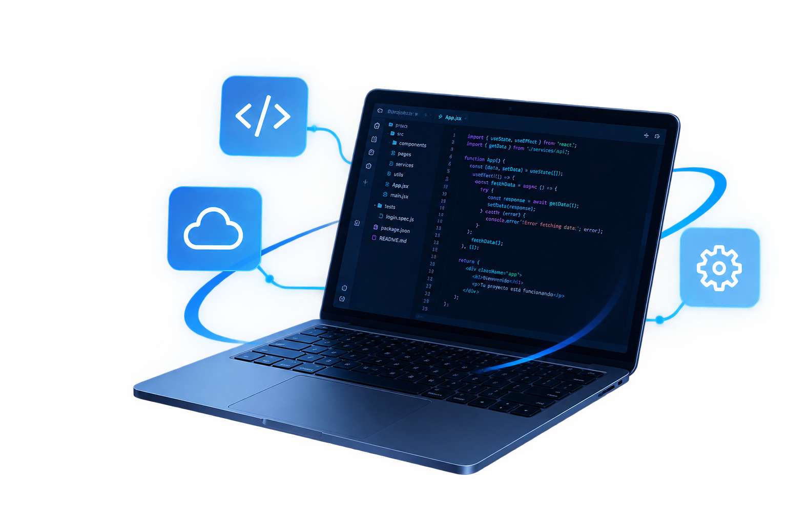 Laptop futurista con código y tecnología